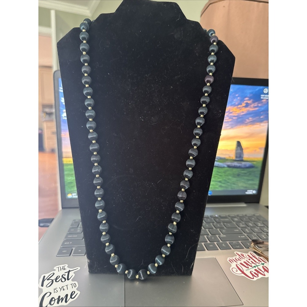 Vintage Silk Threaded Bead Necklace Blue Metal Spacers 15 Inch Boho Statement